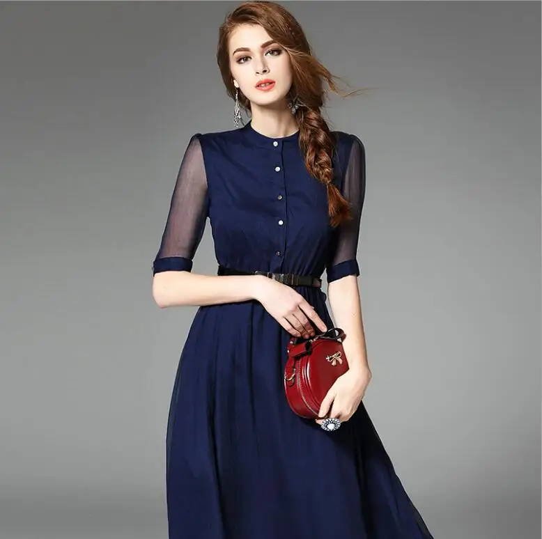 Новое Летнее шелковое платье женское синее красное платье натуральная ткань высокого качества Горячая Распродажа H250GWO0