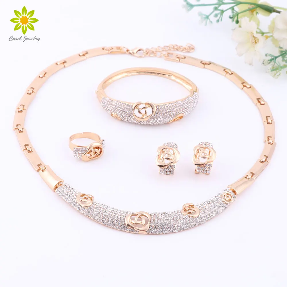 

African Jewelry Sets Gold Color Flower Shape Full Crystal Necklace Set Fashion Wedding Elegant Costume Jewelry Set
