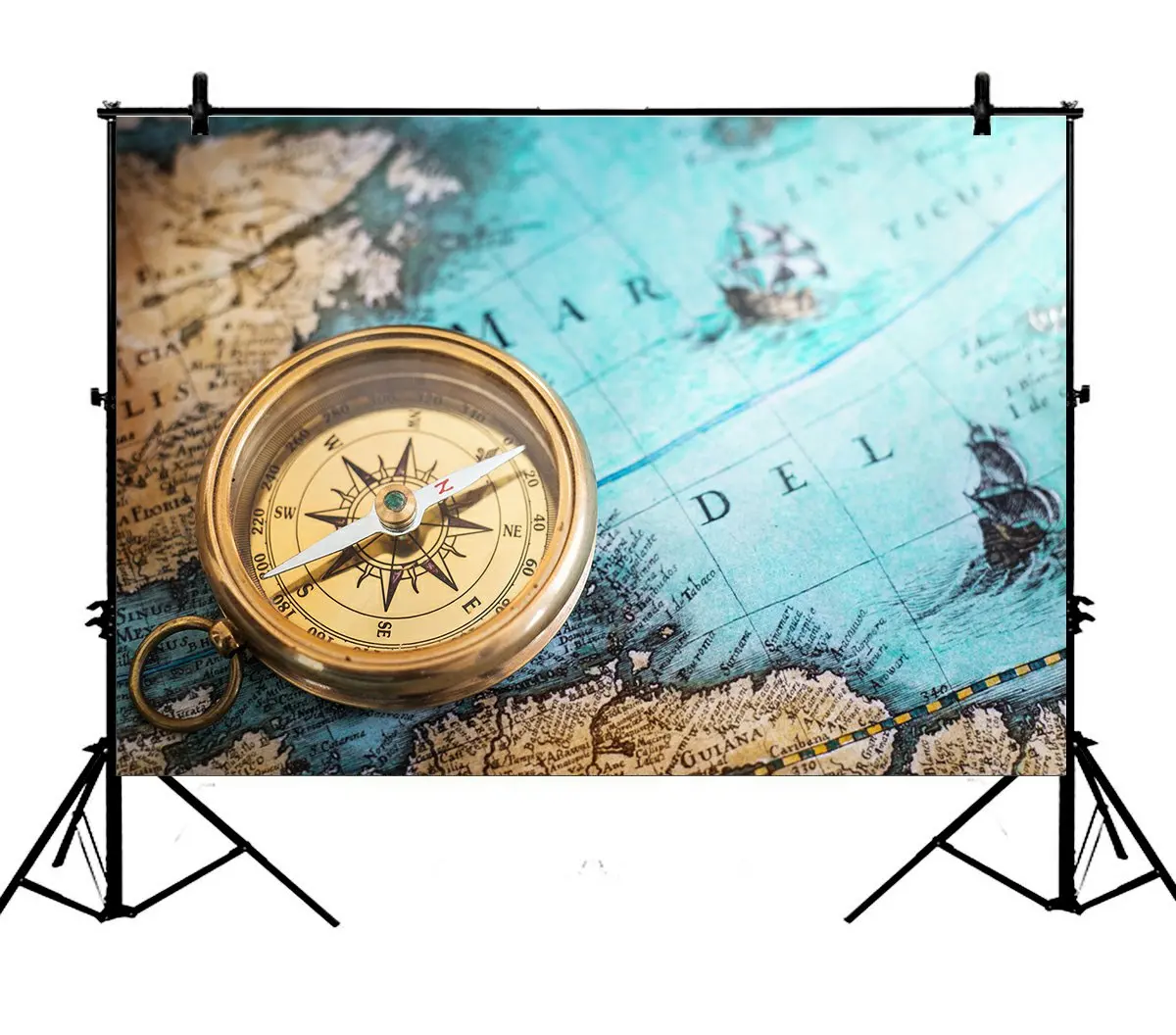 

5x7ft Old Compass Vintage Map Adventure Stories Retro Global Polyester Photo Background Portrait Backdrop