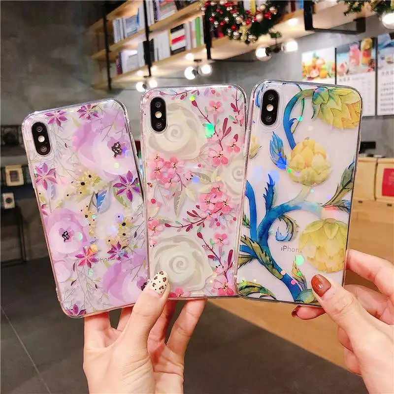 

Glitter transparent floral phone case for iphone XS MAX XR case for iPhone 6 6s Plus 7 8 Plus X XS Fashion soft TPU back cover