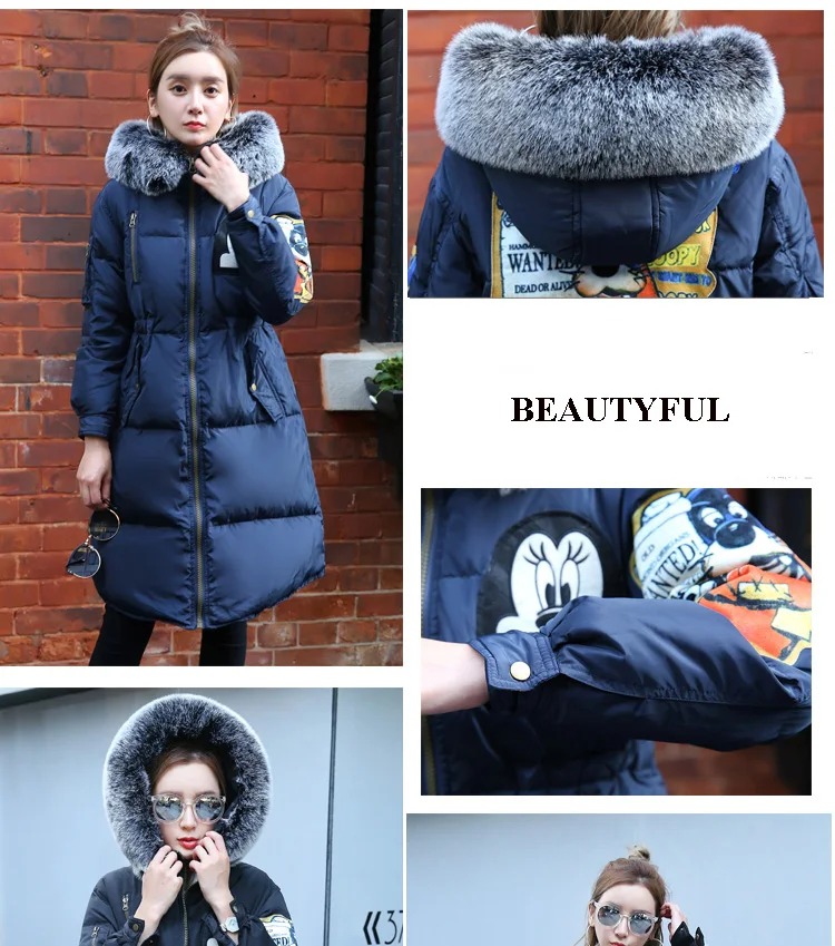 AYUNSUE/зимние женские пуховики, новинка года, длинные толстые женские пальто с воротником из искусственного меха, плащ с рисунком, высокое качество, LX810