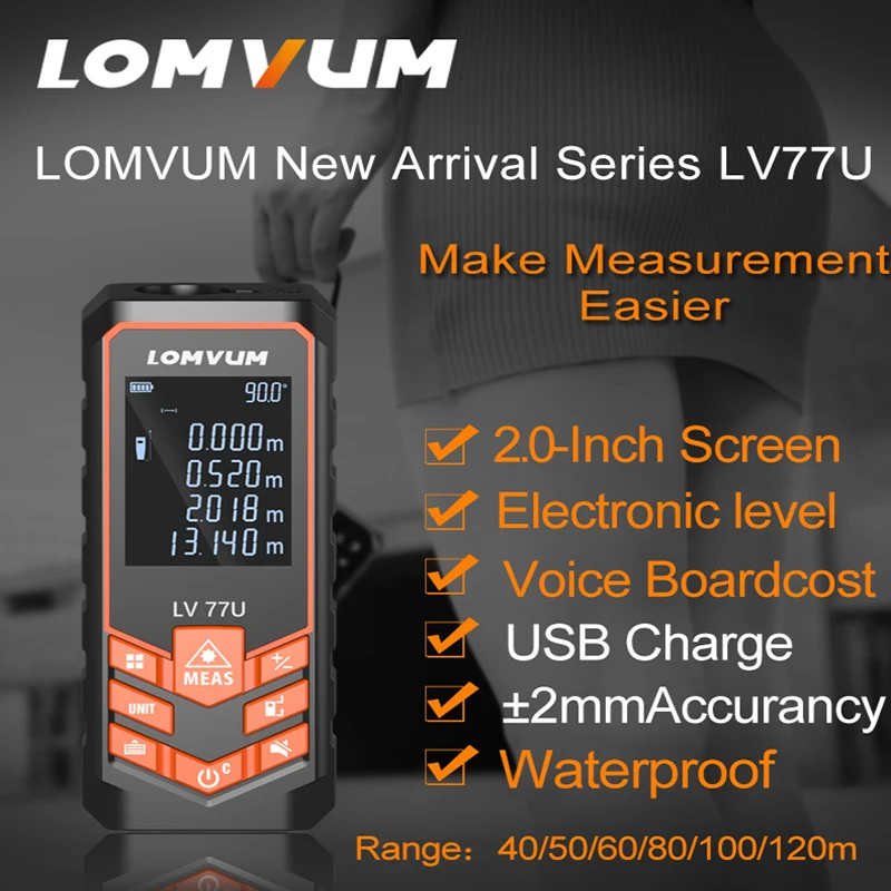 LOMVUM Rangefinder Digital Medidor Laser Trena Distance Meter LV 77U 40M 60M 80M 100M 120M USB Voice Laser Measurement Ruler