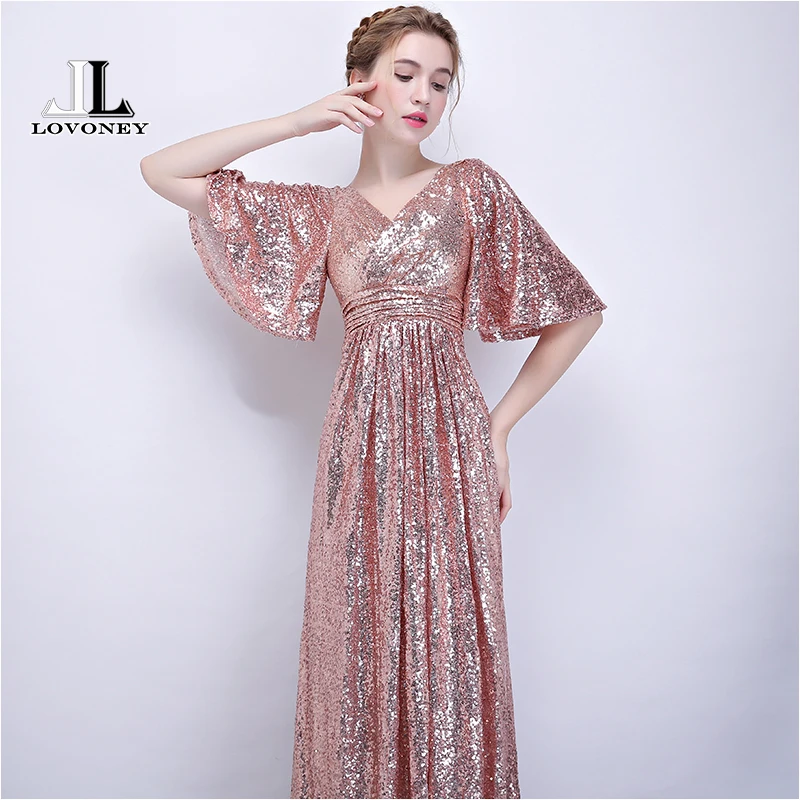 LOVONEY Elegant A line V Neck Evening Dress Long Sequin Formal Party Dresses Women Prom Gown Robe De Soiree Occasion Dress YS416 LOVONEY Elegant A line V Neck Evening Dress Long Sequin Formal Party Dresses Women Prom Gown Robe De Soiree Occasion Dress YS416