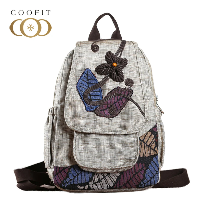 

2018 Leafs Embroidery Women Backpack Retro Leaves Flowers School Bagpack For Girls Beads Canvas Female Backpack