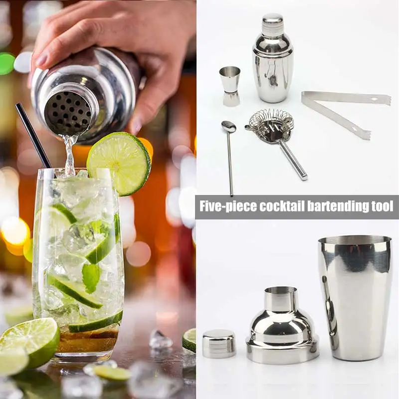 High Quality 5pcs/set Stainless Steel Cocktail Shaker Drink Mixer Clip Bartender Tools Kit VE