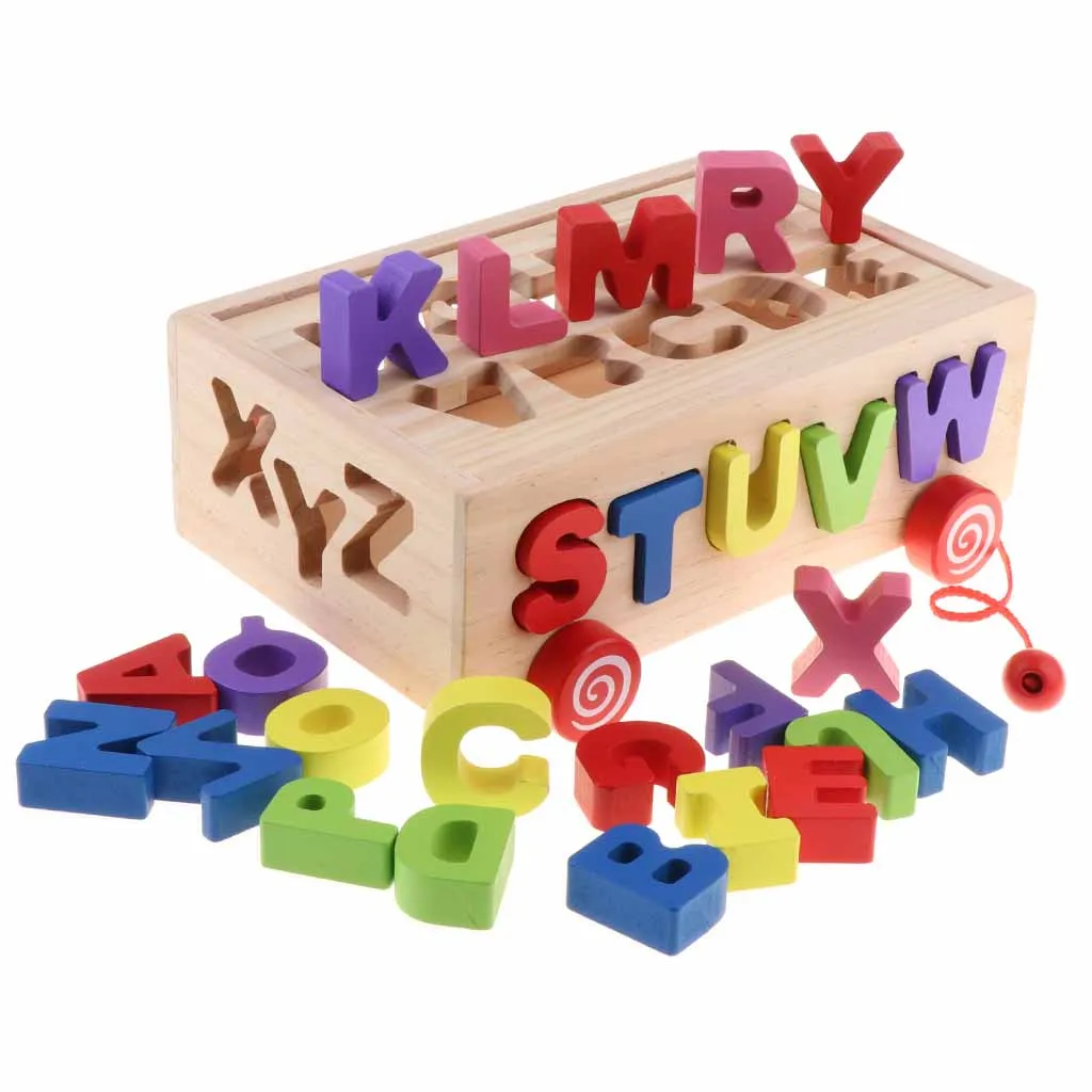 Wooden Shapes Sorter Bus Pull Along Car Early Development Toys for Toddlers Color Shapes Cognition Learning - Letter