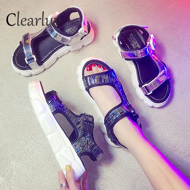 

2019 summer new college style fashion sequined wedges casual sandals women's thick-soled sponge cake flat beach casual shoes