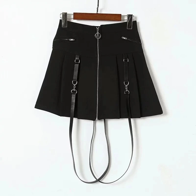 Женская мини-юбка в стиле панк с фиксированными бретелями - Цвет: black
