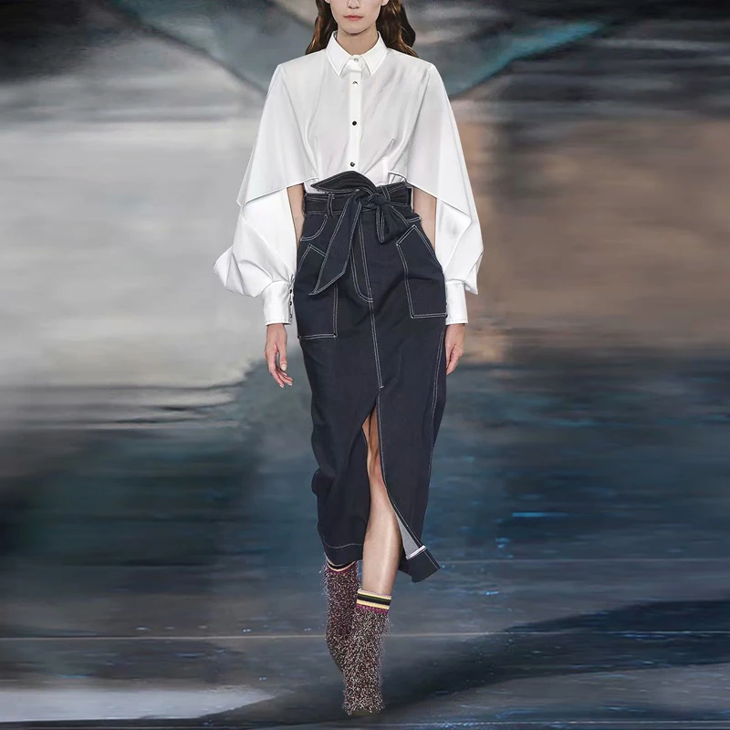 

Milan Runway New Fashion High Quality Spring Party Work Sexy White Shirt Pencil Cowboy Long Half Skirt Elegant Chic Women'S Sets