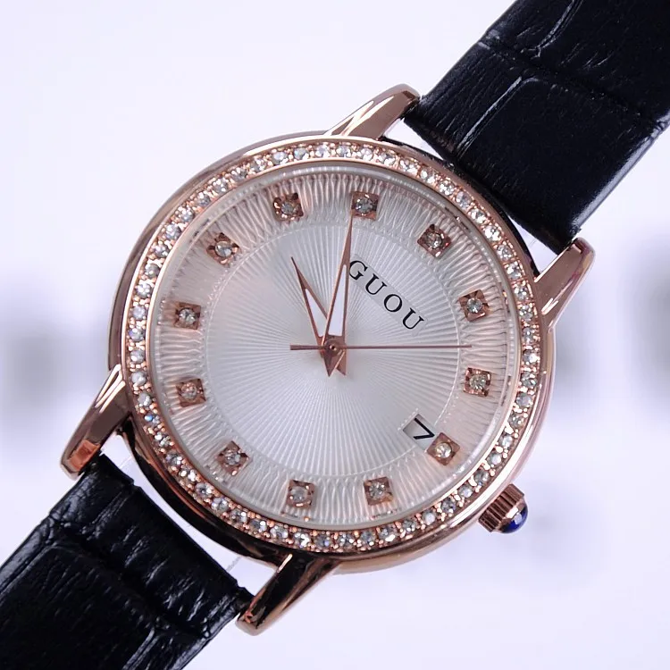 

GUOU 8113 Brand Wristwatches Quartz-Watches High-Grade Women's Watches Genuine Leather Diamond Fashion Sun Pattern With Calendar