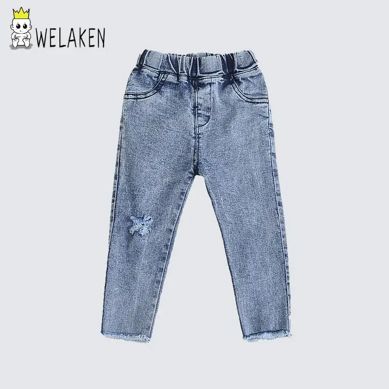 

welaken New Children's Clothing Kids Jeans for Girls Skinny Denim Trousers Fashion Style Ripped Jeans for Kids Children's Jeans