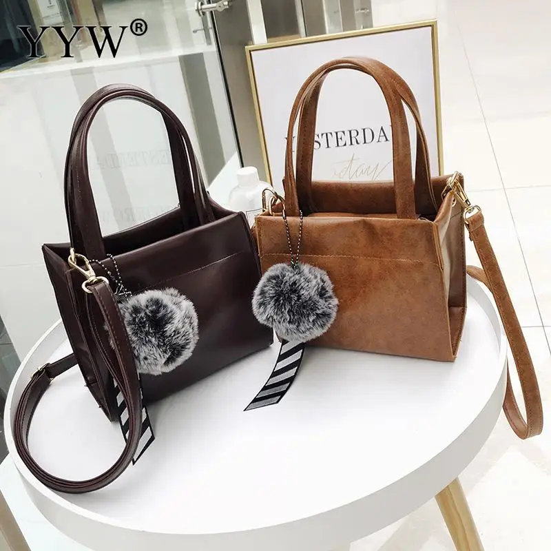 

Black Women Pu Leather Handbag Designer Ladies Totes Shoulder Square Portable Bags With A Fur Ball For Women 2018 Solid Hand Bag