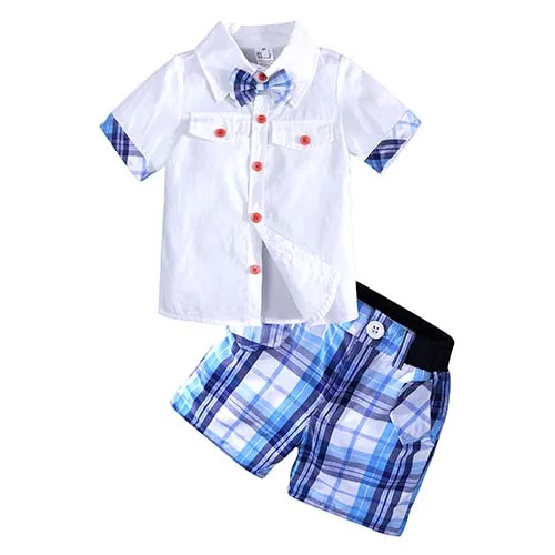 2018 Kids Boys Clothes Set Summer Children Clothing Short Sleeves Gentleman Bow Tie Shirts+Plaid Shorts Suits MB457 7