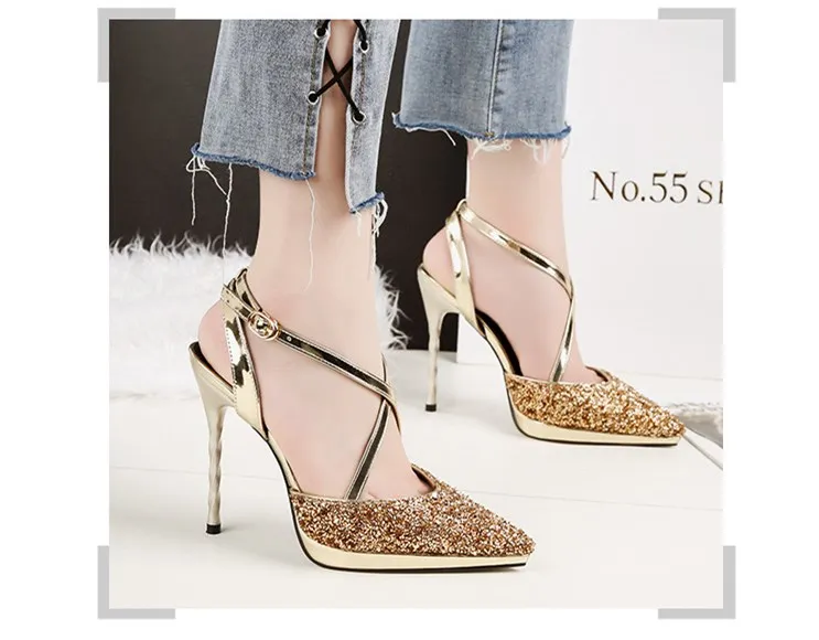 2018 High Heel Cross-Tied 34-39 Size Shoes For Women Platform Sequin  Cross-tie Shallow Summer Shoes Sandals M8F16 (1)