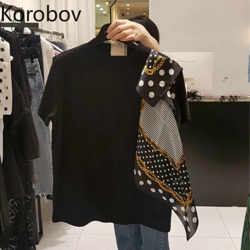 

Korobov Polka Dot Scarf Patchwork Fashion Women T Shirts O Neck Short Sleeve Personality Tee Mujer Tops Summer T-Shirt 77761