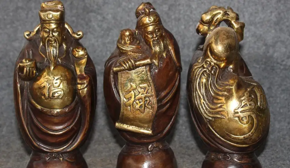 

Chinese Bronze Gild Fengshui 3 Longevity God Fu Lu Shou Immortal Statue Set