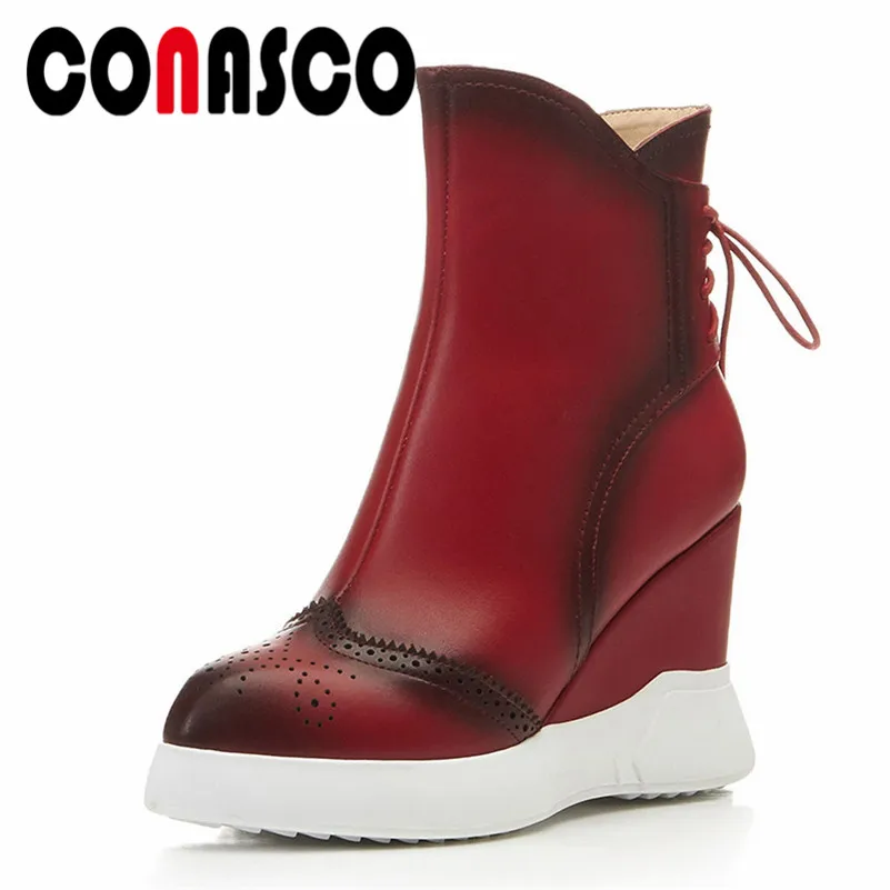 

CONASCO Fashion Women Ankle Boots Autumn Winter Warm Genuine Leather Wedges High Heels Shoes Woman Round Toe Casual Brand Shoes
