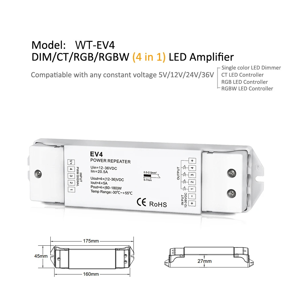 Светодиодный Усилитель RGB RGBW Одноцветный CT 5 в 12 В 24 в 36 в мощности с ШИМ повторителем EV1 EV3 EV4 EV4-X для 1CH 3CH 4CH светодиодной ленты