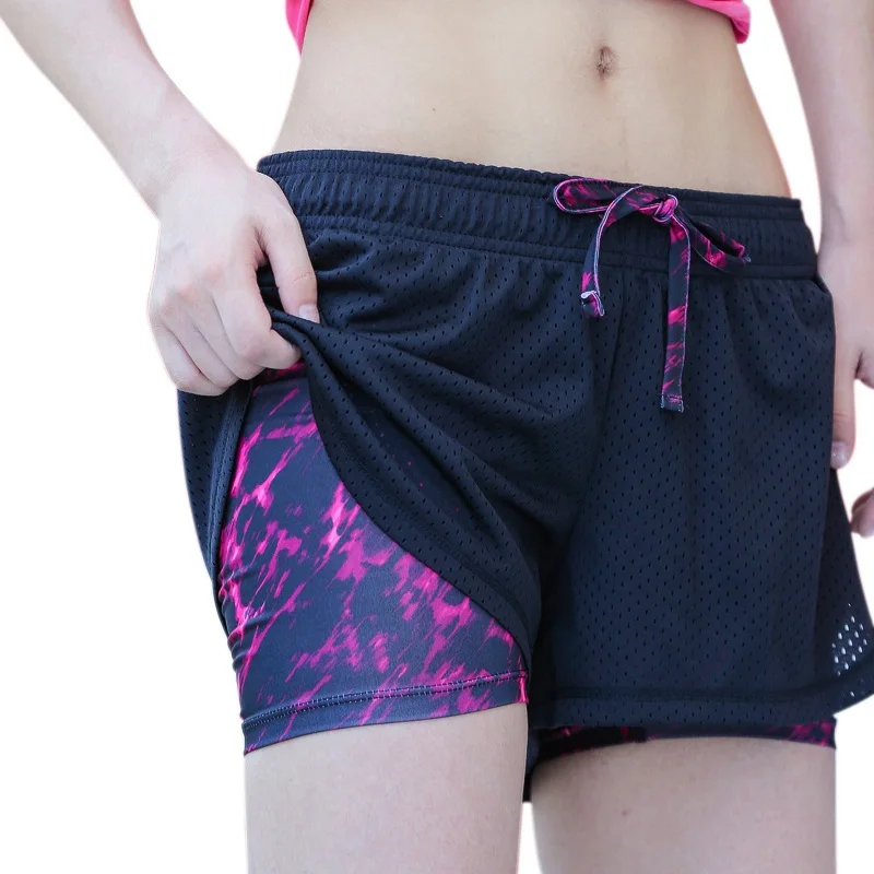 Повседневное Фитнес летние шорты 2 слоя Для женщин шорты для тренировок женский эластичный пояс с принтом удобные шорты Лидер продаж T6