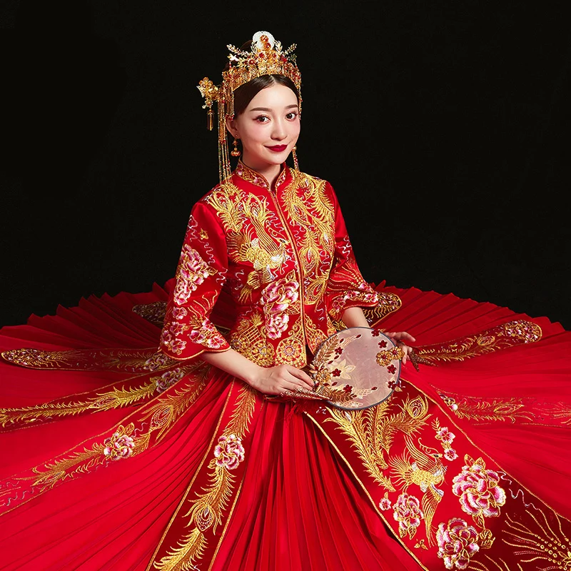 

Red bride cheongsam Vintage chinese style wedding evening dress clothing Embroidery Phoenix Qipao costume Vestidos Size S-XXXL