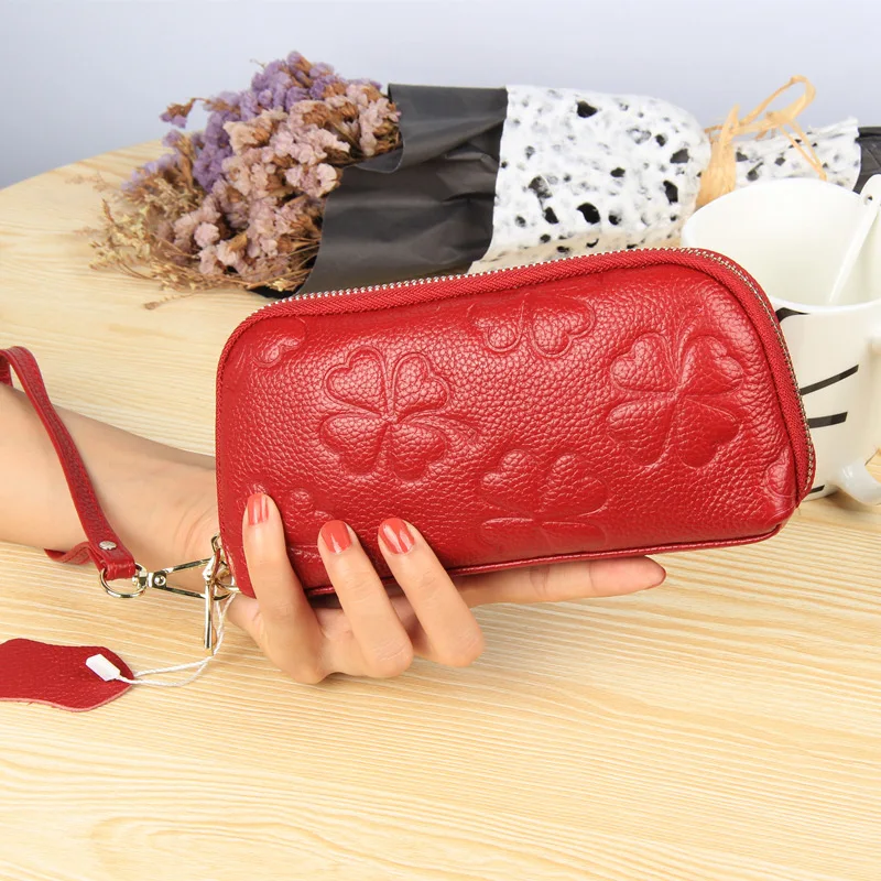 

WESTERN AUSPICIOUS Cow Leather Women Wallet Large Capacity Zipper Cellphone Bags Female Red Blue Pink Gray Black Purple Lady Bag