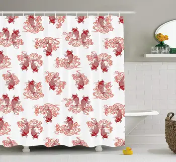 

Japanese Unique Underwater Character Koi Fish Lake Pattern Asian Style Artprint Picture Bathroom Shower Curtain Set Orange Red