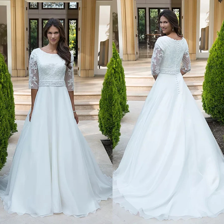 

A-Line Lace Bodice With Illusion Half Sleeves Wedding Dress Beaded Banded Waist Organza Skirt Bridal Gowns
