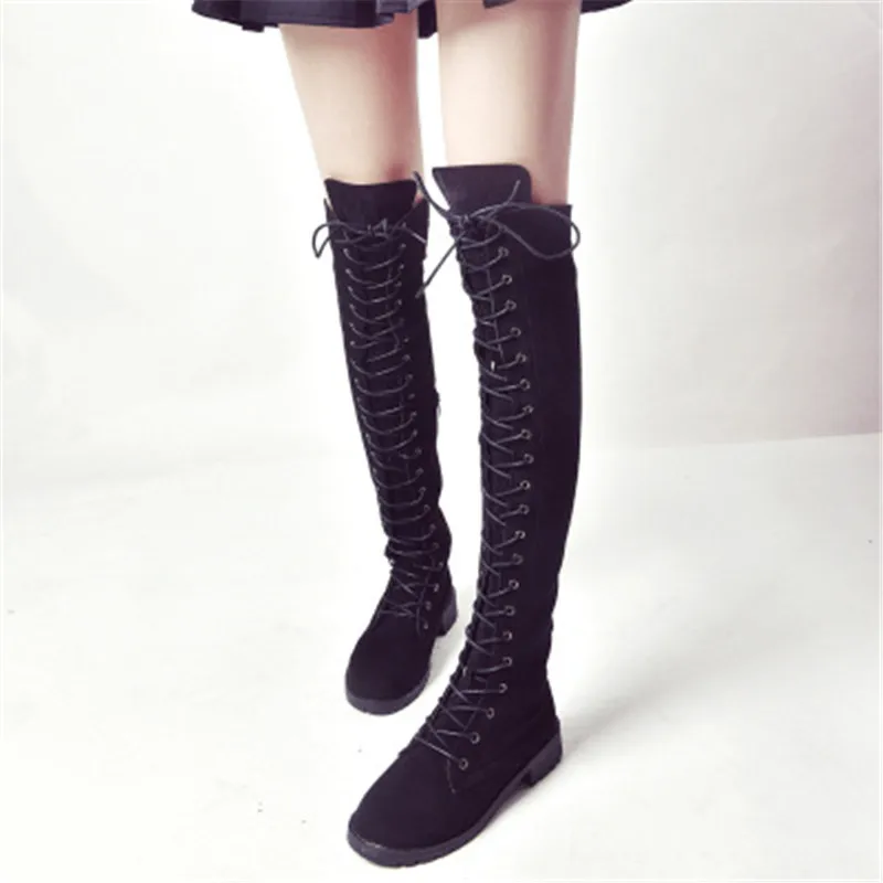 WADNASO/Новые модные женские сапоги до колена высокие зимние парусиновые сапоги на плоской подошве, со шнуровкой, для танцев Zapatos De Mujer Botas, Размеры 35-43
