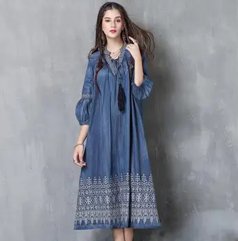 

2019 Blue Casual Jeans Dress Women V-Neck Denim Tassel Lantern Sleeve Embroidery Dress Vestidos Ropa Mujer