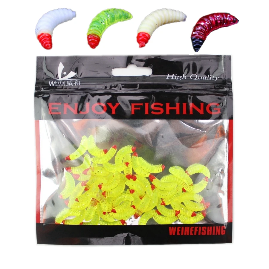 

50pcs/set Simulation Maggot Grub Soft Lure Baits Worm Artificial Fishing Lures with Head Dyeing for Carp Crucian