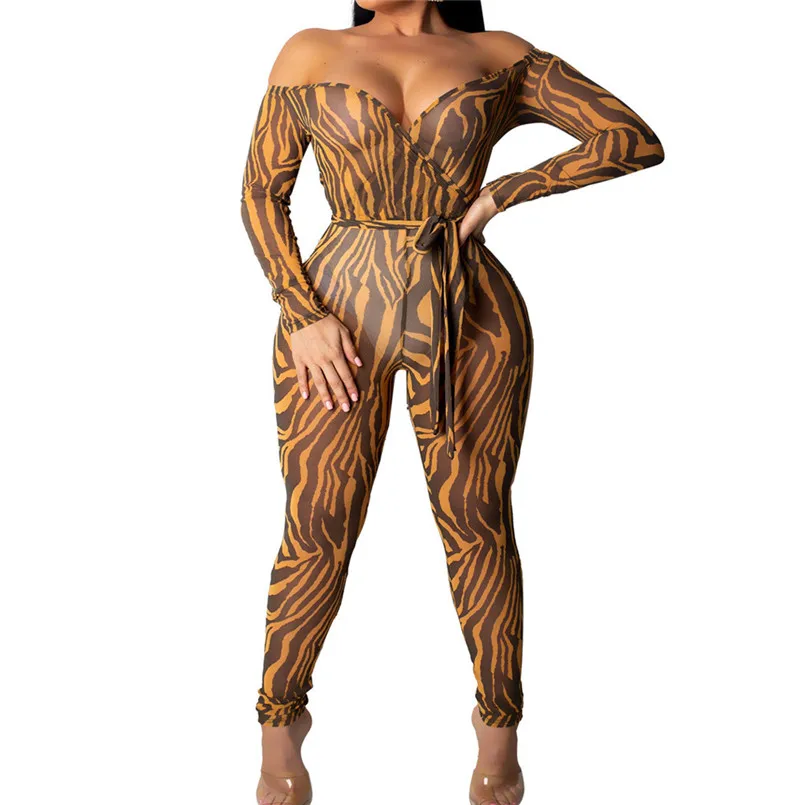 

Newest 2019 Sexy Fshion Spring Summer Women Tight Fitting Leopard Print Deep V Gauze Jumpsuits # 2019.4.8