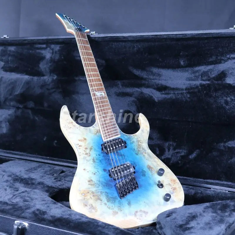 

6 strings High Quality Custom Shop Electic Guitar X1-3 Burl Top Stain Finish Fanned Frets ASH Body Strings Thru Body