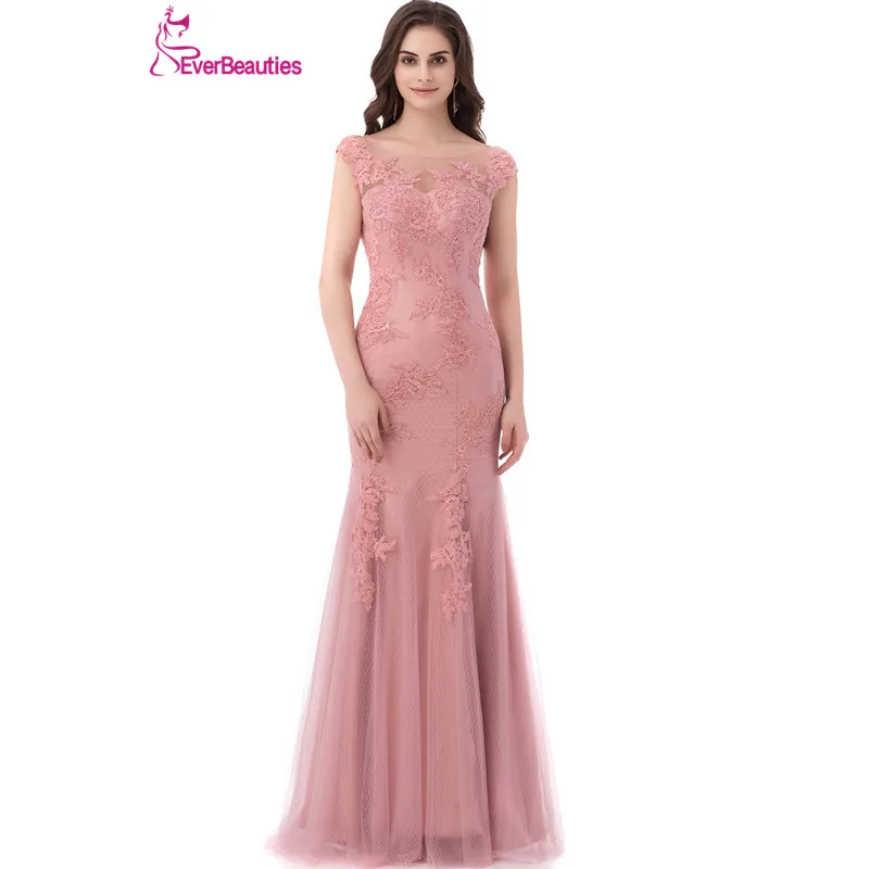 Mermaid Pink Lace Evening Dresses Long 2019 Sexy Backless Floor Length Tulle Abendkleider Robe De Soiree Kaftan