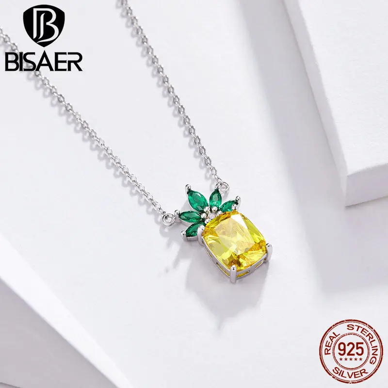 

BISAER 925 Sterling Silver Fashion Bohemia Pineapple Gold Color Crystal Pendant Necklace For Women Wedding Party Gift GAN055