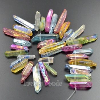

5Strands/Lot Titanium Coated Polished Rainbow Mix Natural Druzy Quartz Crystal Side Drilled Stick Beads 7.5" 3x15-6x25mm