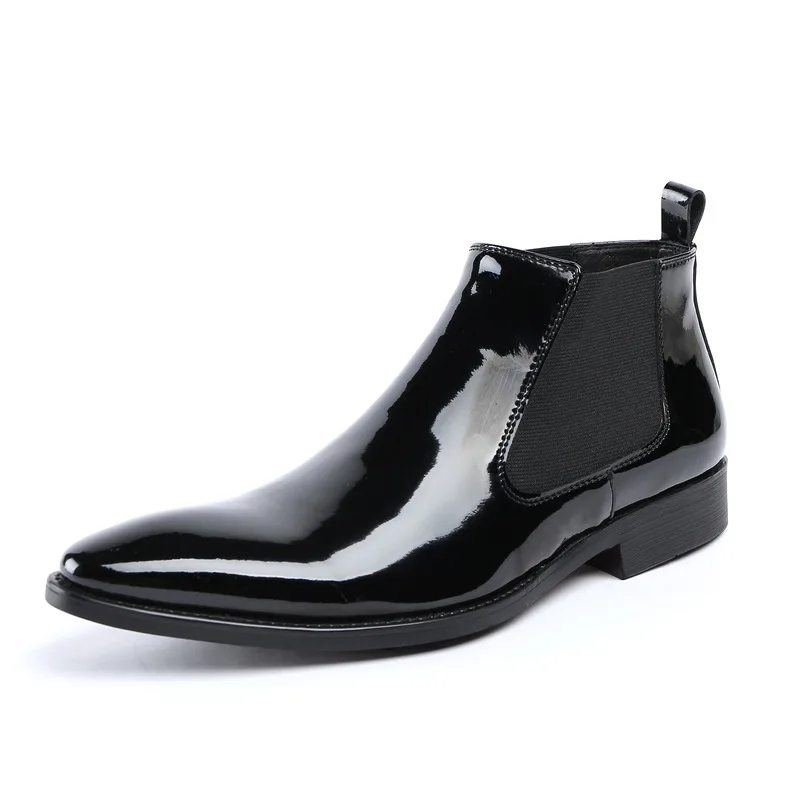 

High-top Male Pointed Toe Patent Genuine Leather Work Boots Comfortable Black Ankle Boots Fashion Casual Men's Shoes JS-A0108