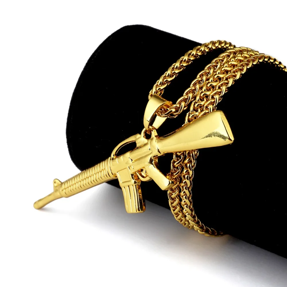 2016 Vintage Golden Bling M4 Submachine Gun Pendants Necklaces Rock
