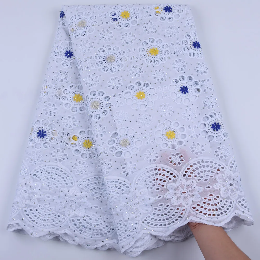 

Blue Yellow African 100% Cotton Lace Fabric Latest Swiss Voile Lace In Switzerland With Stones For Men Women Dress Party F1679