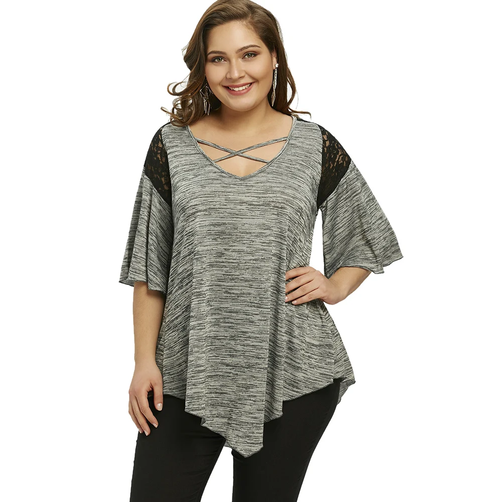 

Wipalo Women Casual V-Neck Half Sleeve Lace Panel Tops 2018 Asymmetrical Plus Size Flare Sleeve Tunic T-Shirt Women Big Size 5XL