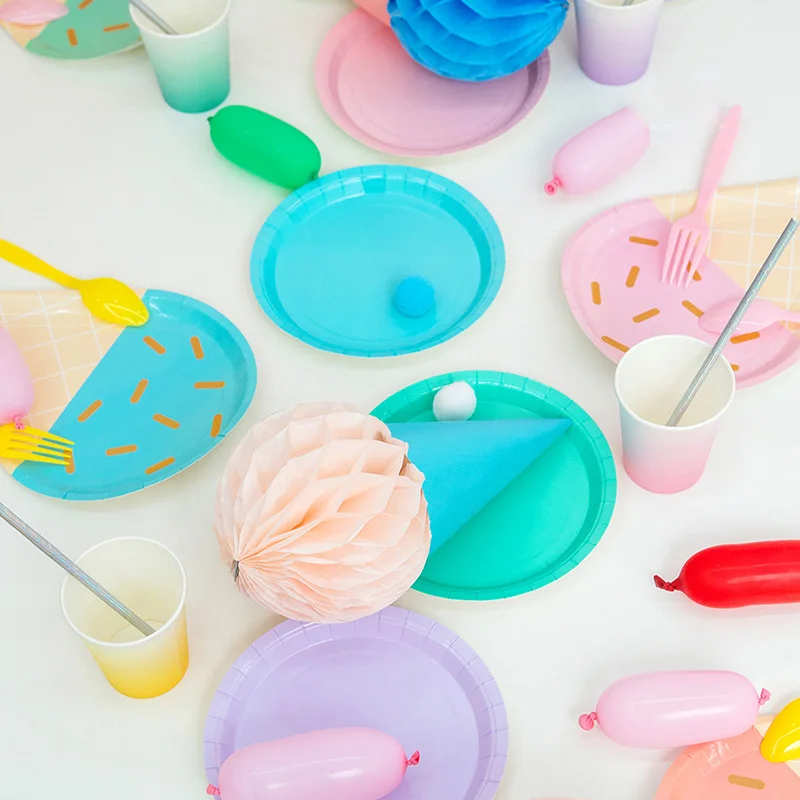 День рождения украшения дети красочные одноразовые посуда бумажные тарелки чашки, ребенок, душ Декор день рождения принадлежности 40 шт