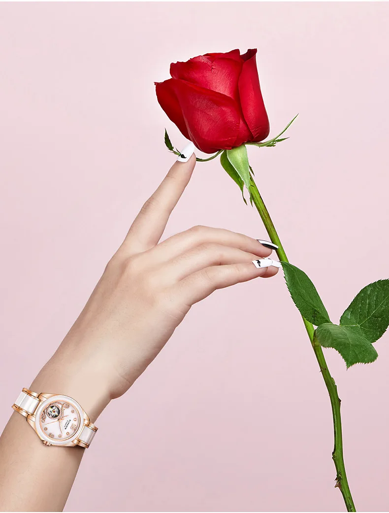 GUANQIN Ceramic Women Watch Automatic Mechanical Watches Hollow Waterproof Watch Ceramic Watch Strap Rhinestone Shell Pattern  (6)