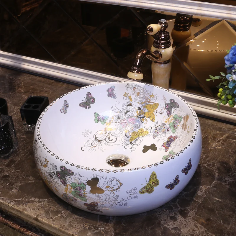 Europe Style Porcelain China Handmade butterfly Art Lavobo Lavatory Bathroom Sink Wash Basin porcelain sink  (5)