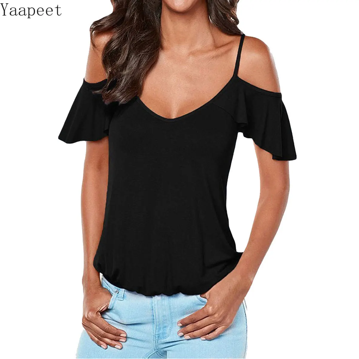 

2019 New Women T-shirts Casual Spaghetti Strap Tee Tops Summer Off Shoulder Butterfly Sleeve Female T Shirt Women Clothing