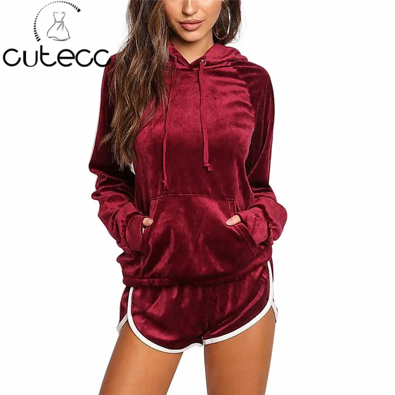 Fleece 2 Piece Set Women Tracksuit Velour Hooded Hoodies Shorts Velvet
