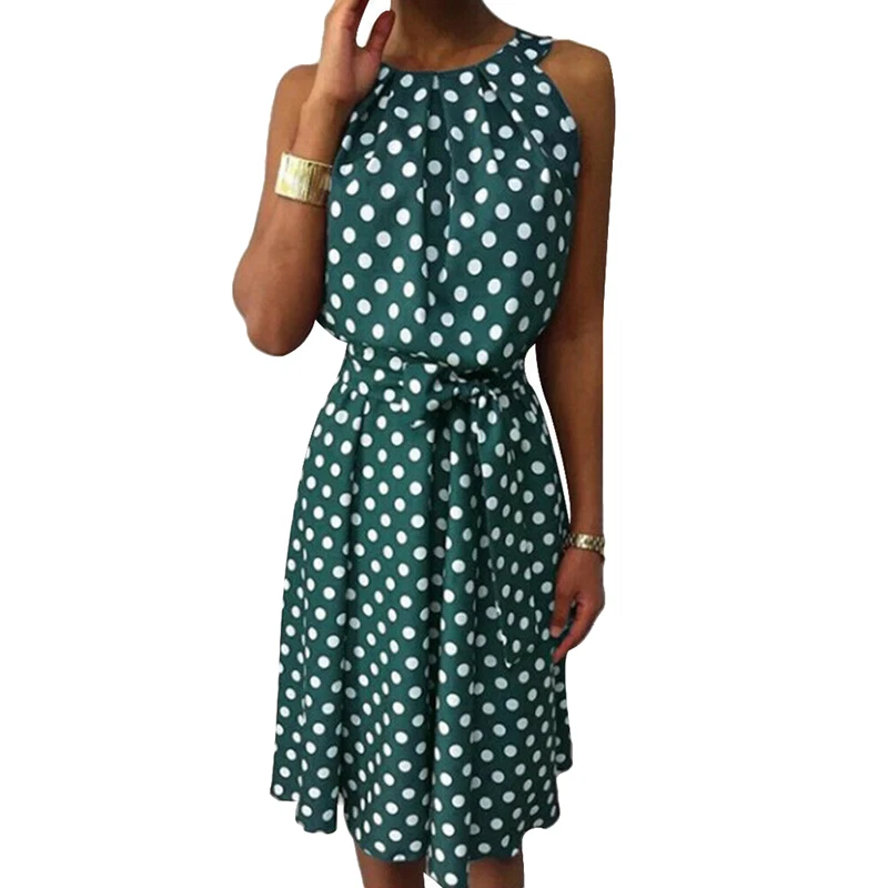 Women Polka Dot Dress 2019 Elegant Women Summer Sundress Dresses Short Sleeve Belt Dresses Off Ladies Sleeveless Plus Size Dress