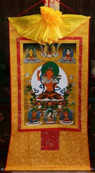 

FHY35*20cm 6style Hand painted gold Manjusri Buddha Thangka Scroll paintings Chinese art paper Silk embroidery painting