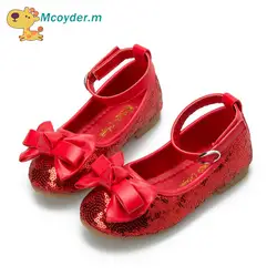 Девушки блестками туфли с бантиком из искусственной кожи обувь для девочек принцесса балетки на плоской подошве обувь для вечерние