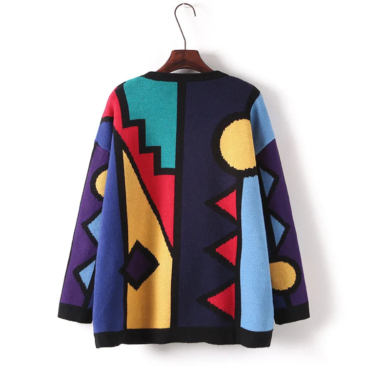 Зимние модные сексуальные женские свитера винтажный хит цвет геометрический Свободный пуловер Женский Повседневный свитер