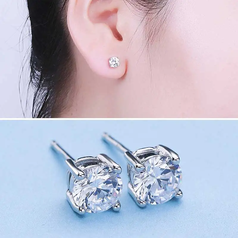 Qingmos Classic 3 мм белый кубический цирконий четыре когти стерлингового серебра 925 Earring-ear573