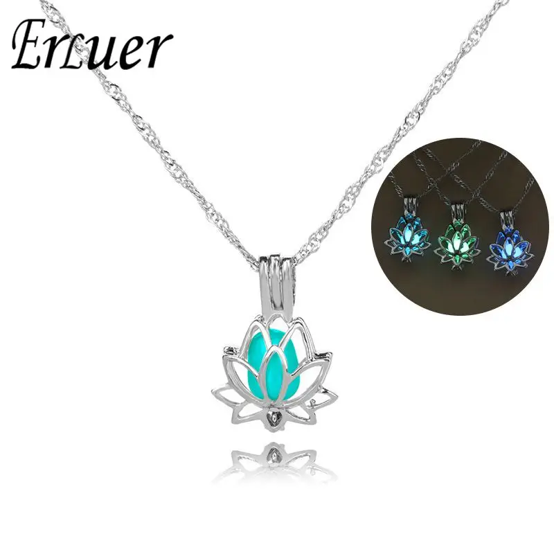 

ERLUER Lotus Flower Luminous Pendant Necklaces For Women Glow In The Dark Silver Charm Necklace Halloween gift Fashion Necklace